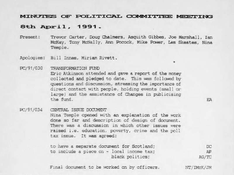 Section of minutes of Political Committee meeting, dated 8 April 1991.
