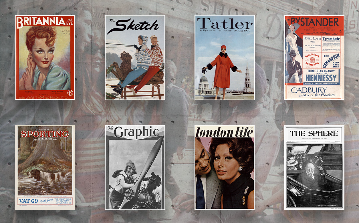 An image of eight front covers of different publications: Britannia and Eve, The Sketch, Tatler, The Bystander, The Illustrated Sporting and Dramatic News, The Graphic, London News, and The Sphere.