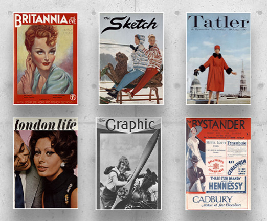 A collage of six front covers of different publications: Britannia and Eve, The Sketch, Tatler, The Bystander, The Illustrated Sporting and Dramatic News, The Graphic, London News, and The Sphere.