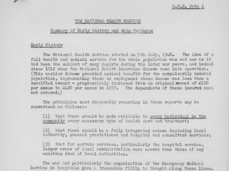 Section of a National Health Service report titled Summary of Early History and Main Features.