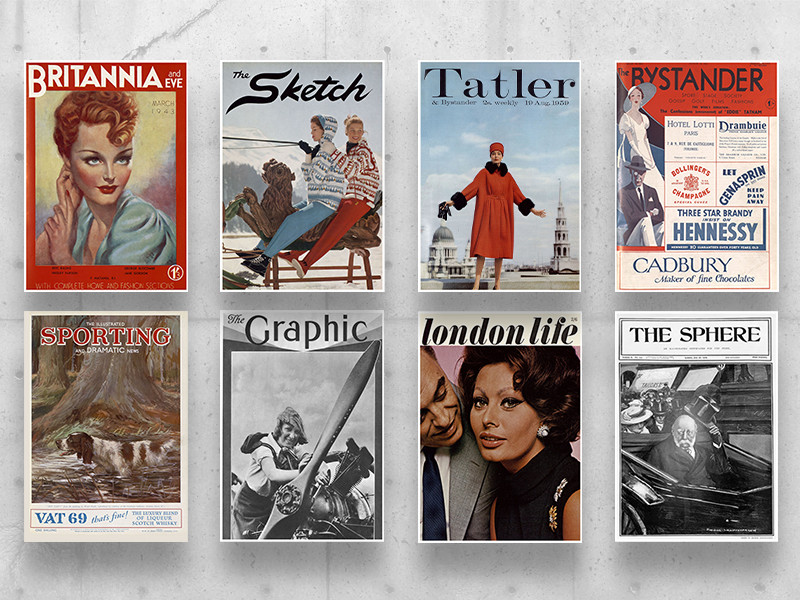 An image of eight front covers of different publications: Britannia and Eve, The Sketch, Tatler, The Bystander, The Illustrated Sporting and Dramatic News, The Graphic, London News, and The Sphere.