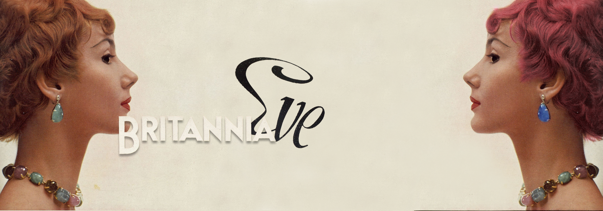 Britannia and Eve Front Cover, 1956. On the left and the right are two women in profile looking towards each other. In the middle it reads "Britannia Eve".
