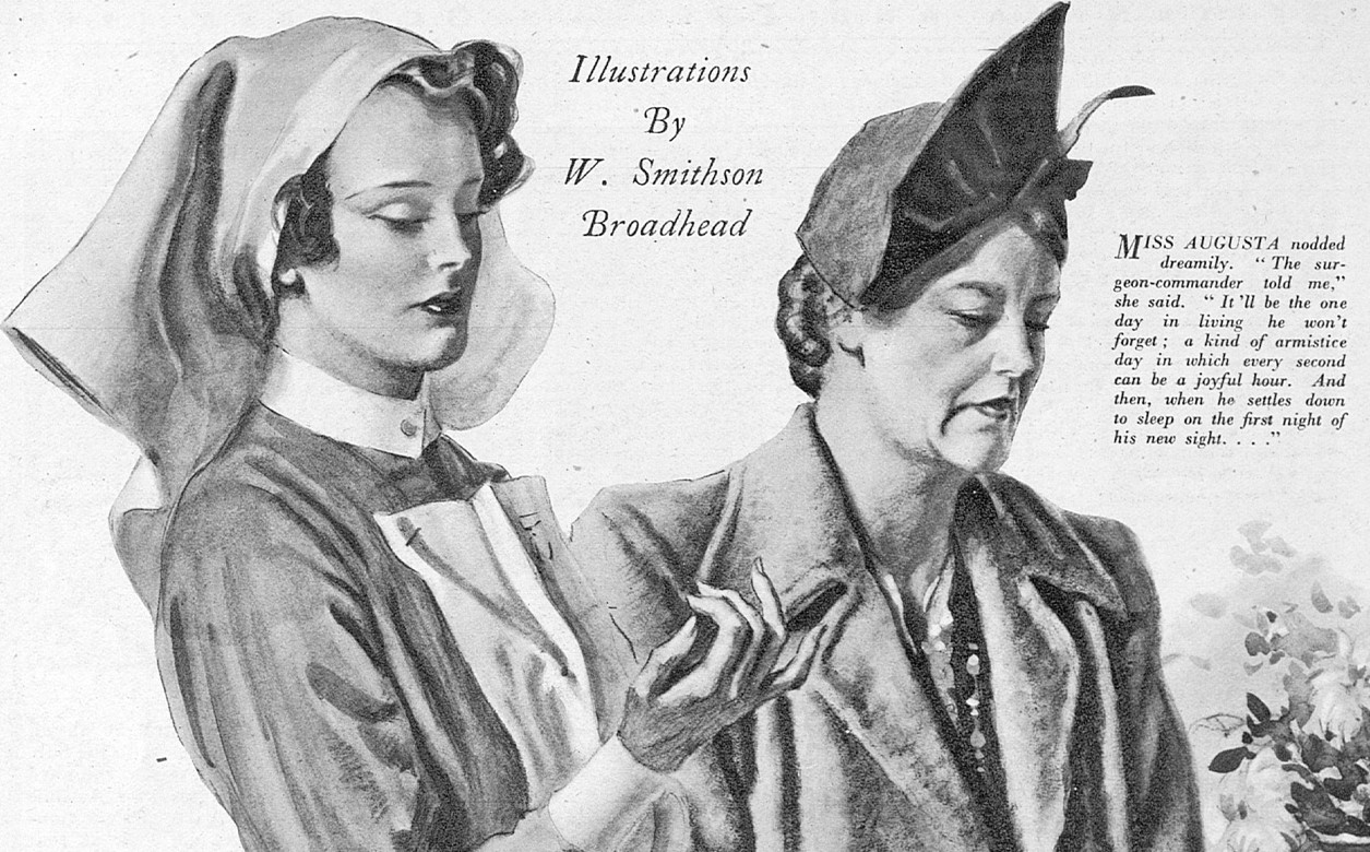 A black and white illustration of two women.