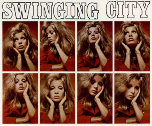 The words Swinging City with eight different portrait photos of the same woman. She is posing in various ways across the photos.
