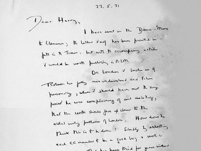 Section of a handwritten letter addressed to Harry Pollitt, dated 23 May 1931.