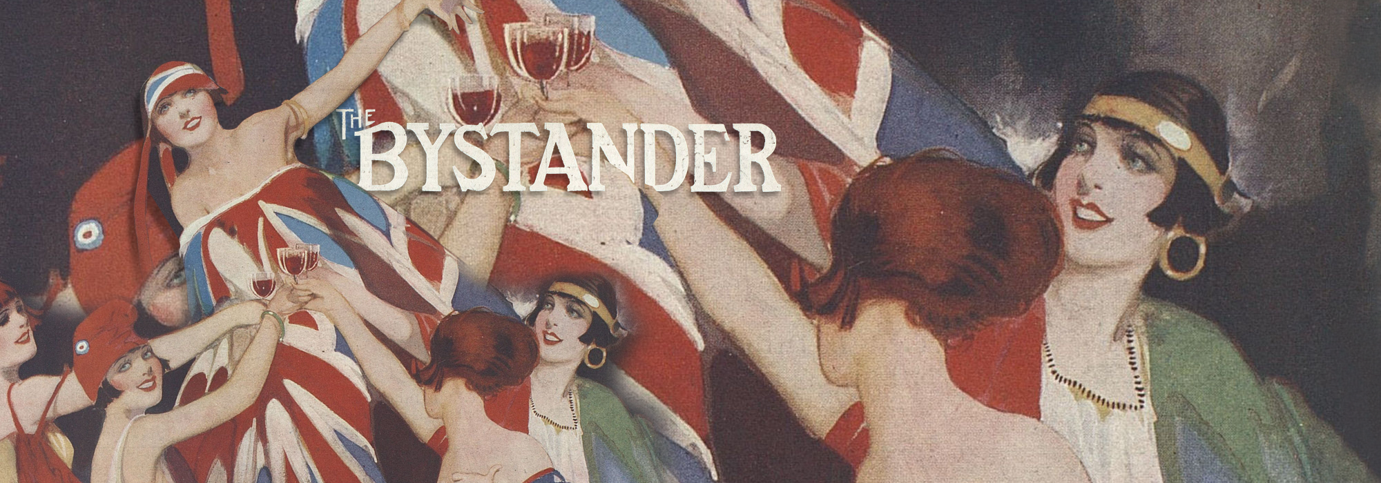 Front cover of The Bystander showing illustrations of women wearing Union Jack dresses, with "The Bystander" in white letters.