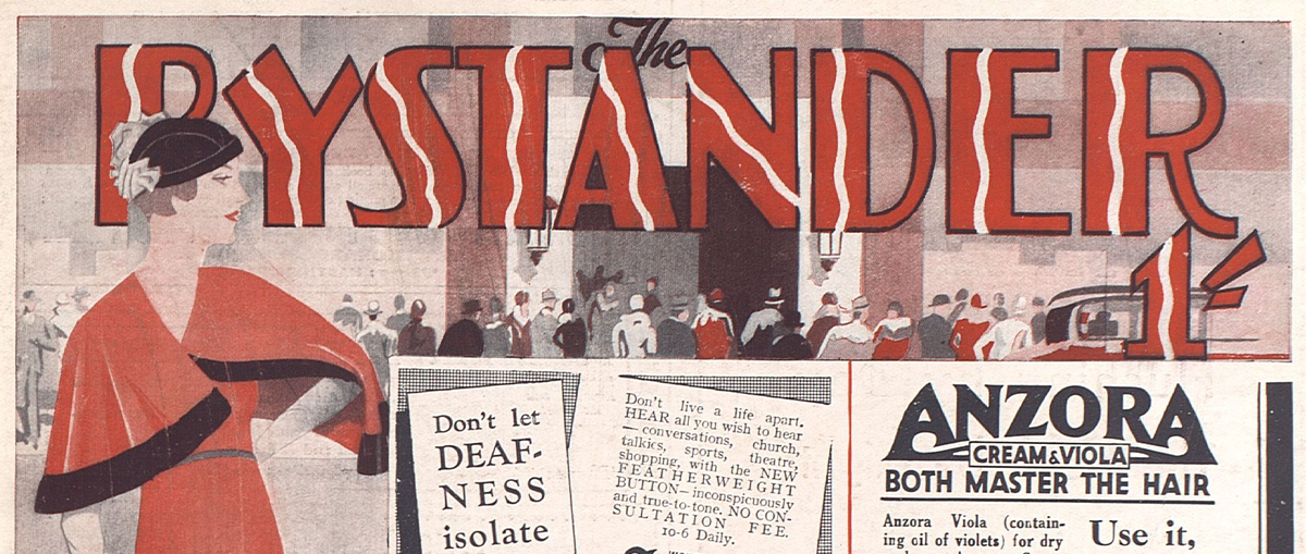 Front cover of The Bystander with "The Bystander" in red letters and an illustration of a woman wearing red.