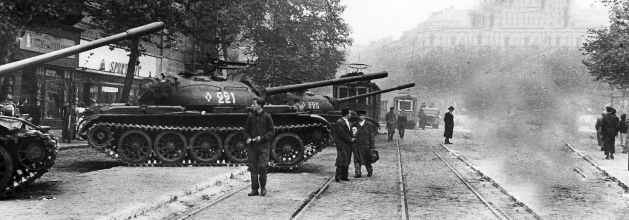 A black and white image of Russian tanks occupying Budapest, during the Hungarian Revolution of 1956.