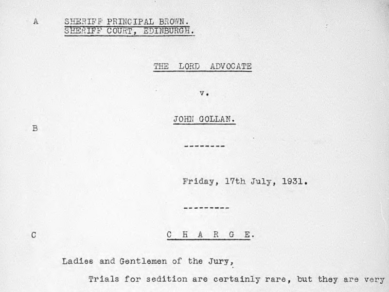 Section of the opening to a transcription of a trial, The Lord Advocate vs John Gollan, dated 17 July 1931.