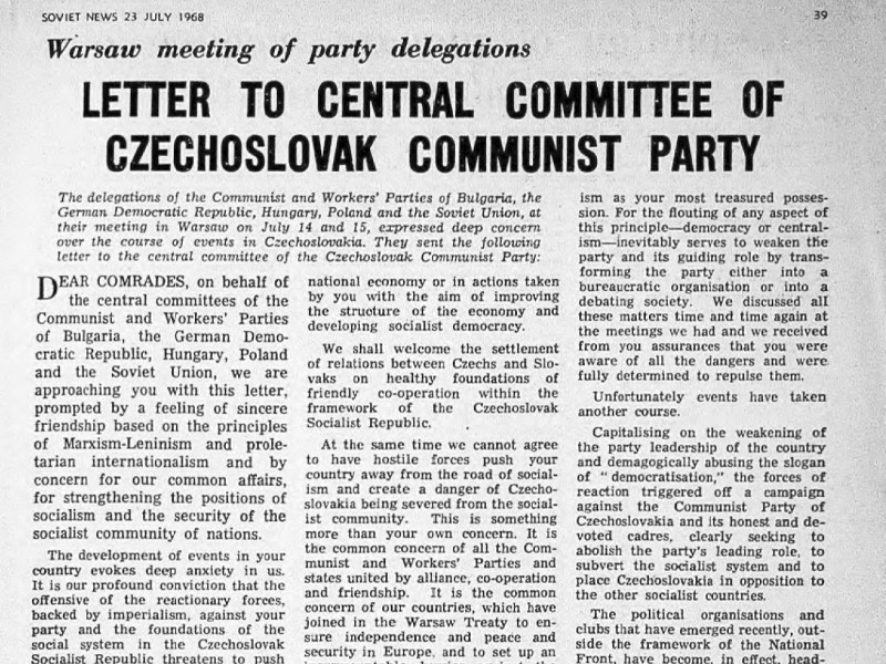 Section of an article from Soviet News, dated 23 July 1968, titled Letter to Central Committee of Czechoslovak Communist Party.