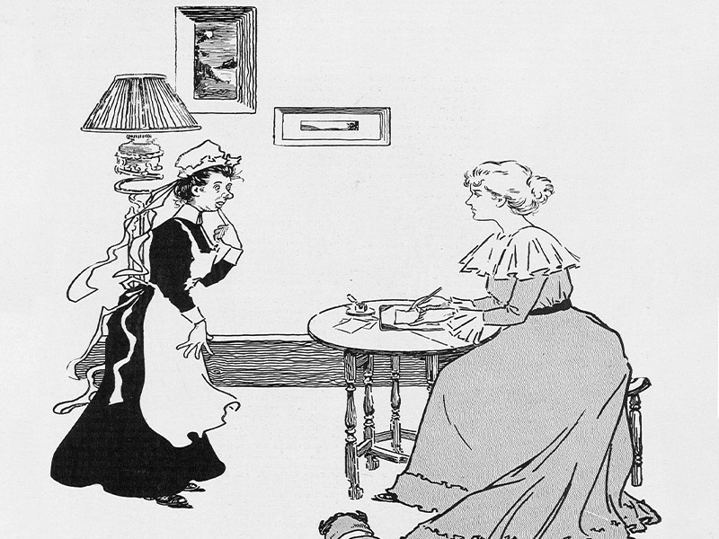 Black and white illustration of a woman writing and a maid.