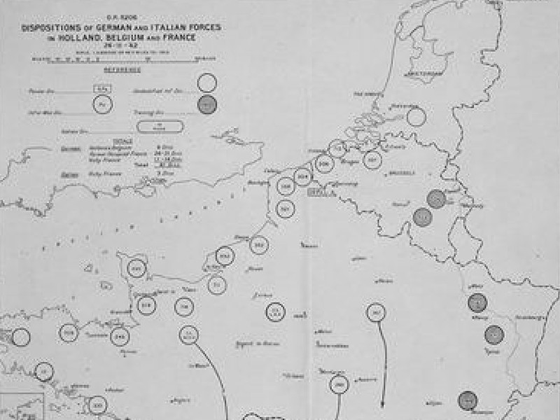 Map of the north-western European mainland, titled Dispositions of German and Italian Forces in Holland, Belgium and France.