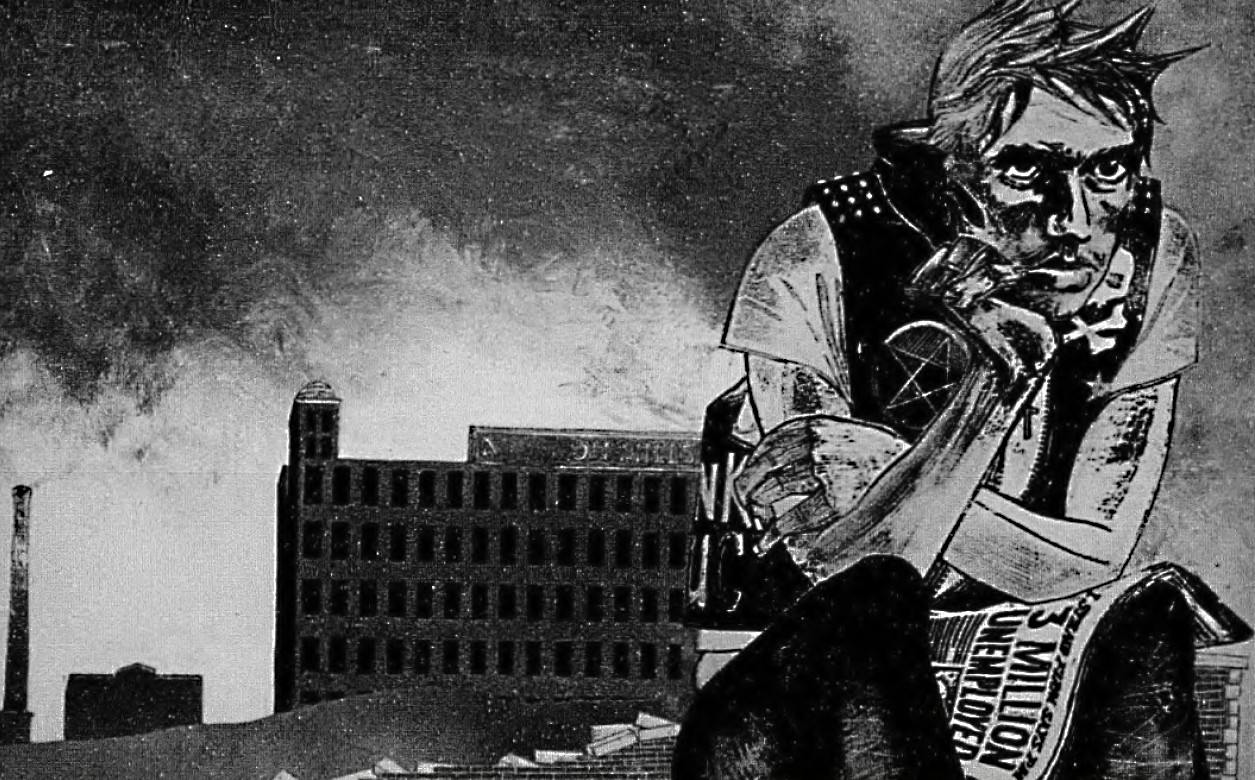 A cartoon drawing of a man sat and slumped over in the foreground and an industrial building in the background.