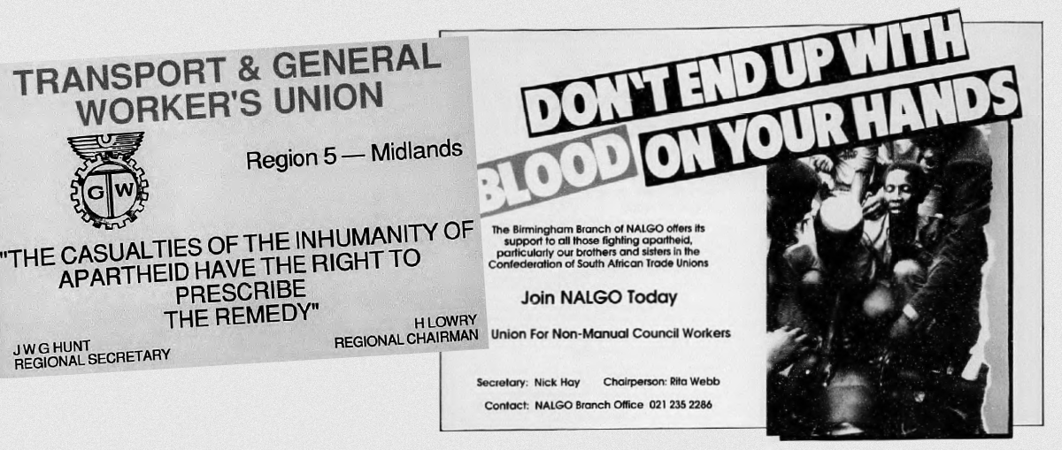 Two leaflets on Apartheid. On the left 'Transport and General Worker's Union' and on the right 'Union for Non-Manual Council Workers'.