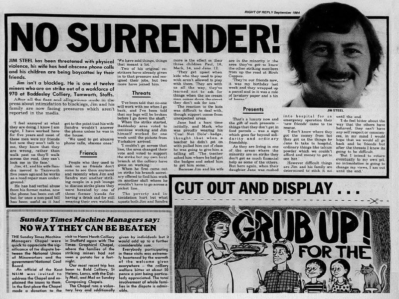 Section of a newspaper featuring an article titled No Surrender! accompanied by a cutout photograph of Jim Steel's face.