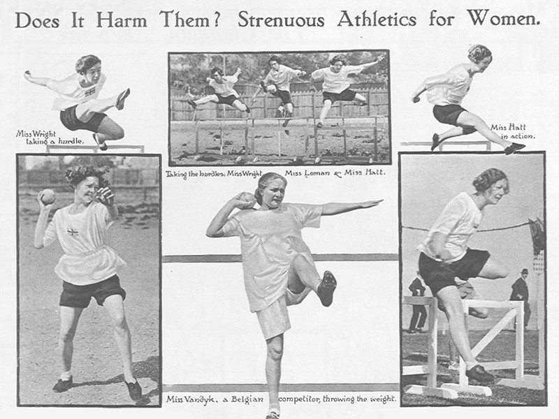 Various black and white photographs of women doings sports with the title Does It Harm Them? Strenuous Athletics for Women.