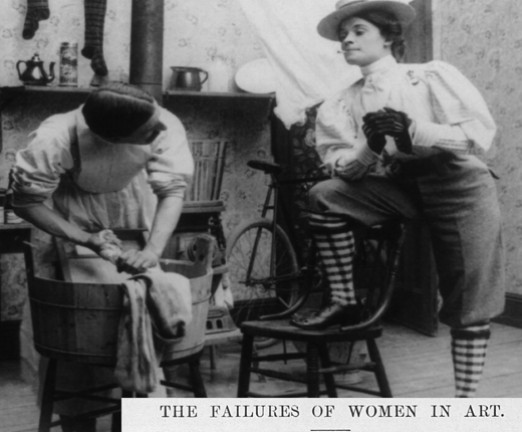 A photograph of a woman in shorts, smoking a cigarette, and looking at a man doing laundry, with the caption The Failures of Women in Art.