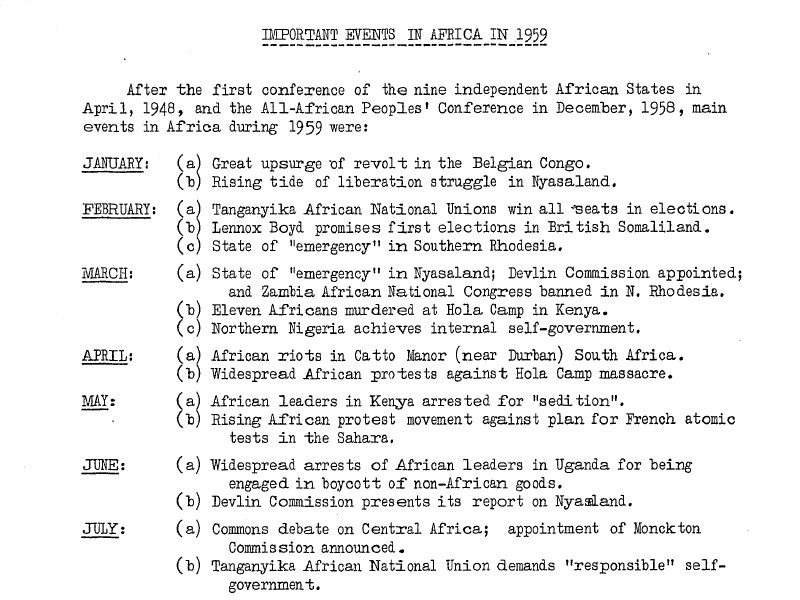 Section of a document titled Important Events in Africa in 1959, featuring information from January to July.