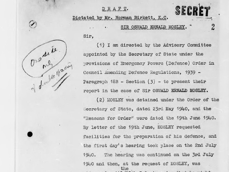 Draft report dictated by Mr. Norman Birkett regarding Sir Oswald Moseley.