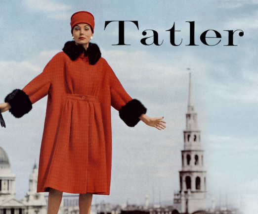 Section of a front cover of The Tatler, 1959. A woman wearing a red coat lined with black fur and a red hat poses with her arms out. She holds black gloves in her hand, and tall buildings can be seen behind her.