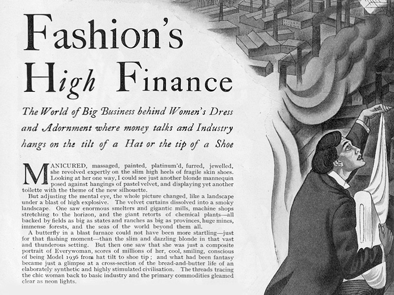 Section of an article titled Fashion's High Finance, featuring an illustration of a man holding fabric and industrial buildings on the right.