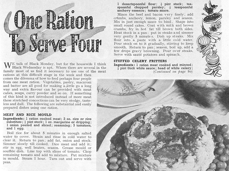 Section of an article titled One Ration To Serve Four, featuring two recipes and a photograph of food.