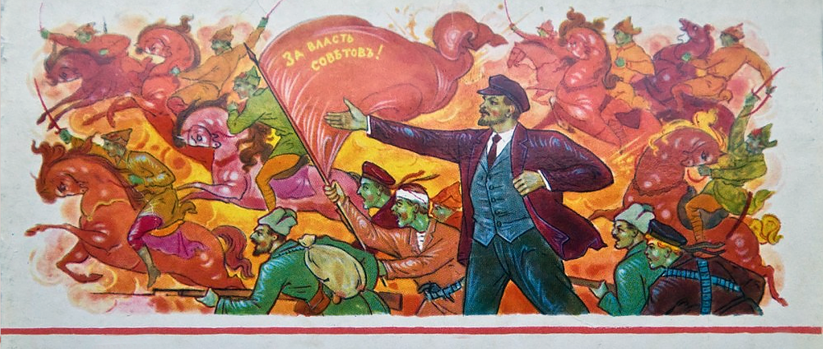 An image of a mural. A man in the foreground is gesturing to the left. Horses and people behind him are charging to the left.