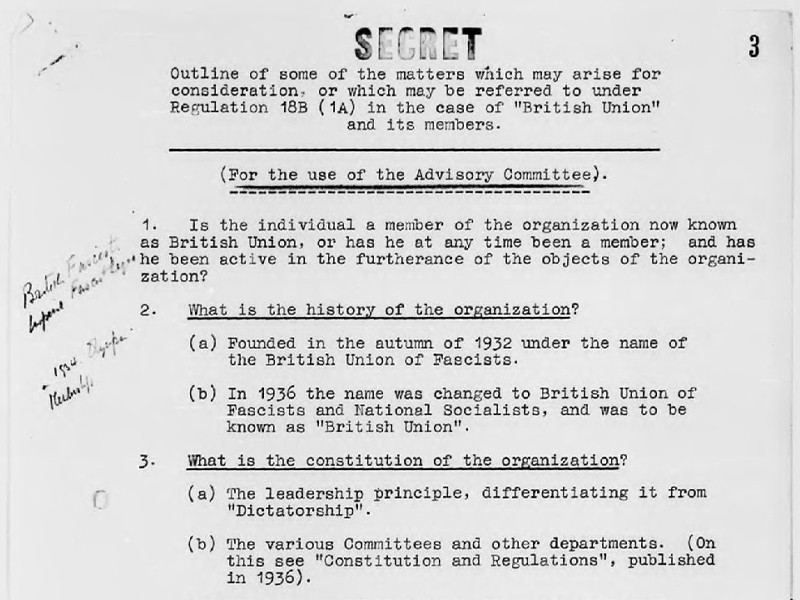 View volume: Defence Regulation 18B, Advisory Committee papers: Sir Oswald Mosley, 1940.
