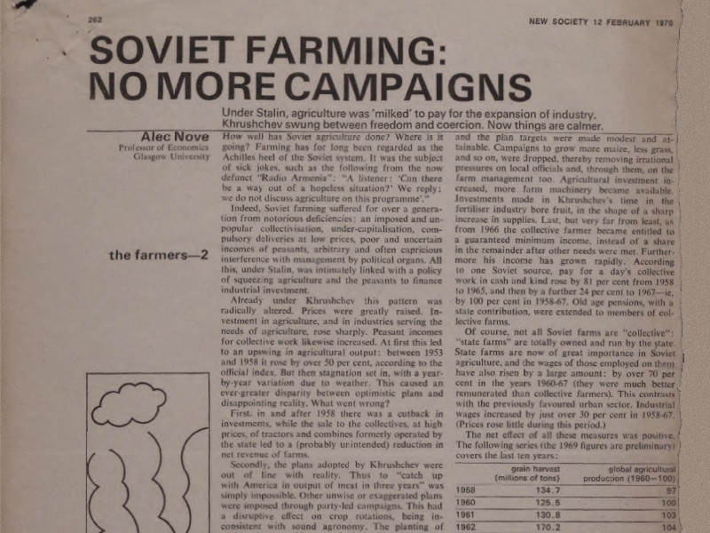 Section of an article titled Soviet Farming: No More Campaigns, dated 12 February 1970.