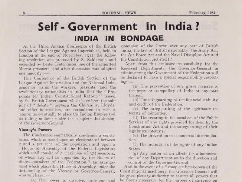 Section of an article titled Self-Governance In India? India In Bondage, dated February 1934.