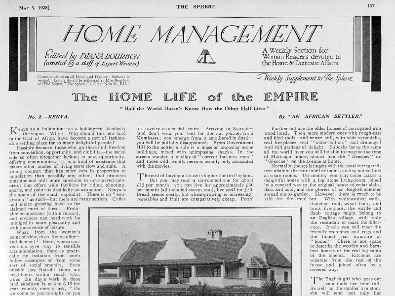 Section of a page of The Sphere dated 5 May 1928, featuring a section titled Home Management and an article titled The Home Life of the Empire.