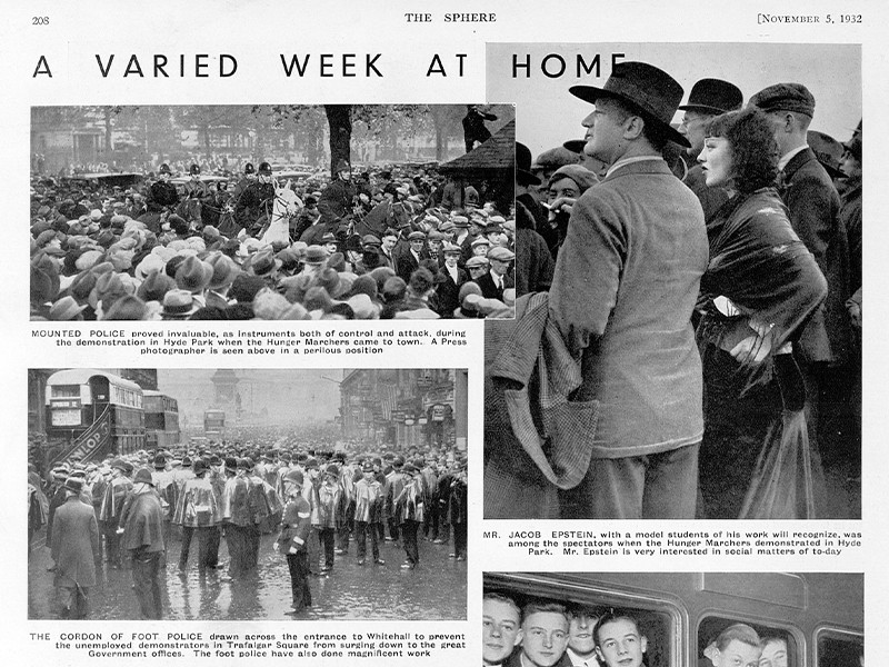 Page of The Sphere dated 5 November 1932, featuring three photographs depicting the events of a Hunger March under the titled A Varied Week at Home.