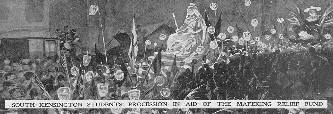 A black and white illustration of South Kensington Students' procession in aid of the Mafeking Relief Fund.