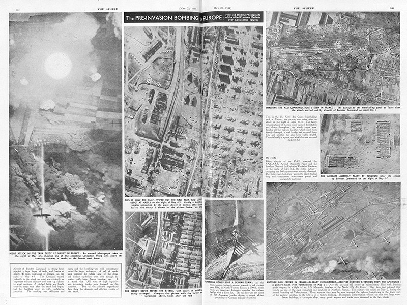 Two-page spread from The Sphere titled The Pre-Invasion Bombing of Europe, featuring 7 aerial photographs of bombed sites. Dated 20 May 1944.