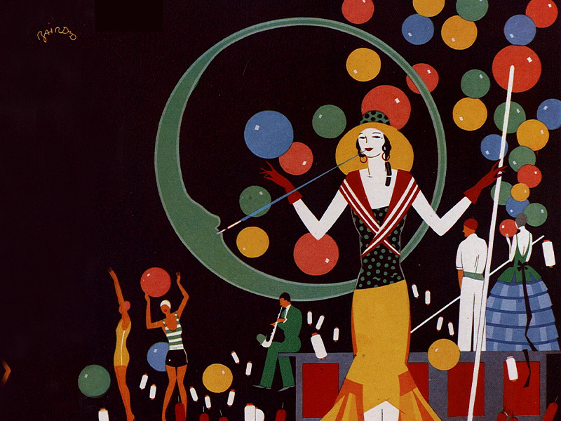 Illustration of a woman with a black and white spotty top and a yellow skirt on a black background.
