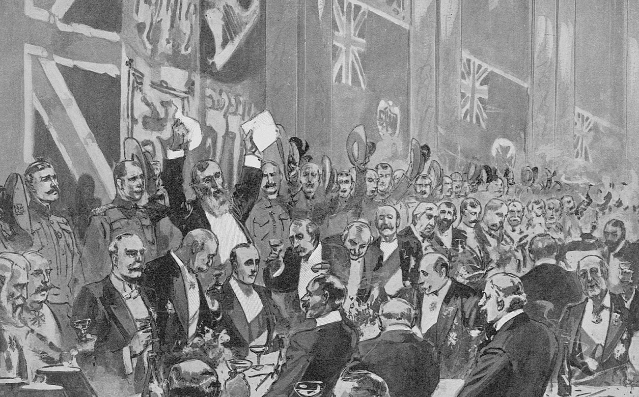 A black and white illustration of a crowd of men. The men are wearing suits, some are drinking and others are shouting.