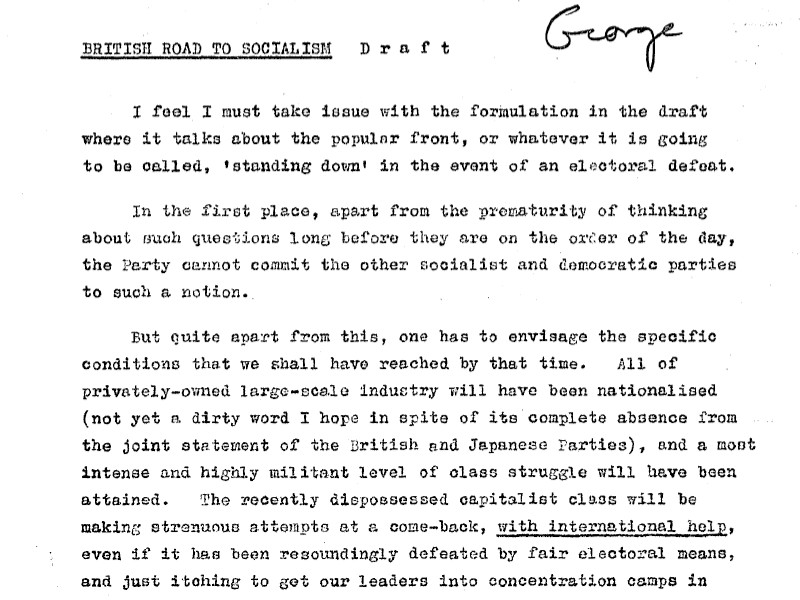 Section of a draft document titled British Road to Socialism. The name George is handwritten on the right of the title.
