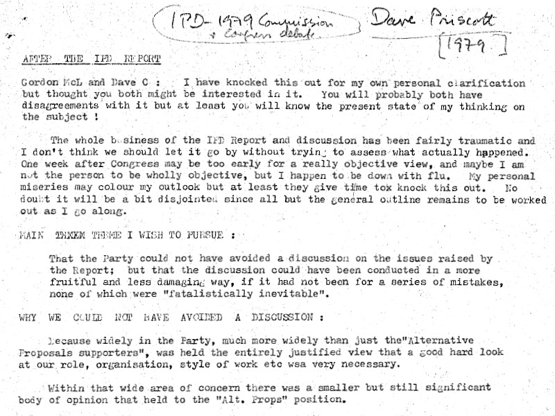 Section of a document titled After the IPD Report. IPD - 1979 Commission and Conference Debate, Dave Prescott, and 1979 are handwritten on the top-right of the page.