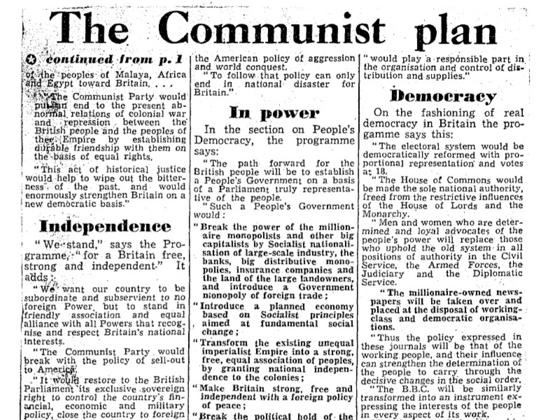 Section of an article titled The Communist plan, featuring the sub-headings Independence, In Power, and Democracy.