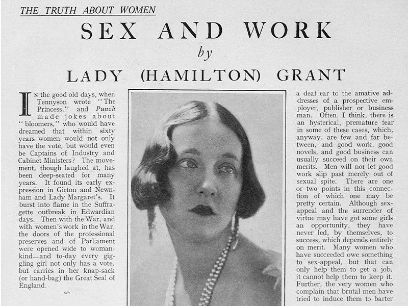 Section of an article titled The Truth About Women, Sex and Work by Lady (Hamilton) Grant, featuring a photograph of a woman in the center.