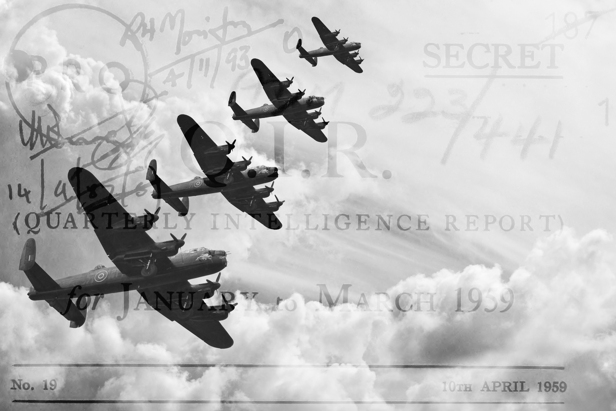 Black and white retro image of Lancaster bombers from Battle of Britain in World War Two.