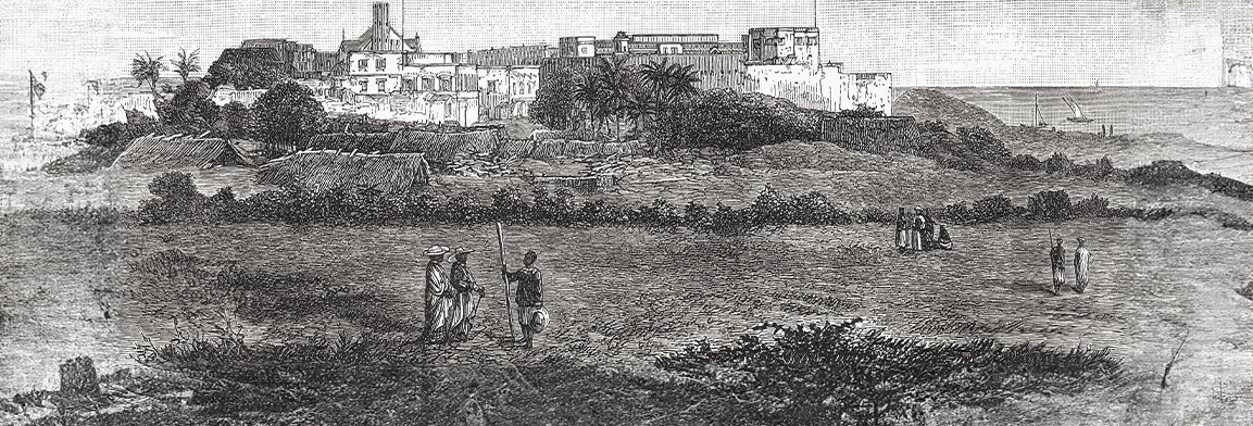 Wood graving of a historic view of Cape Coast Castle - one of around 35 historic forts on the Gold Coast (now Ghana).