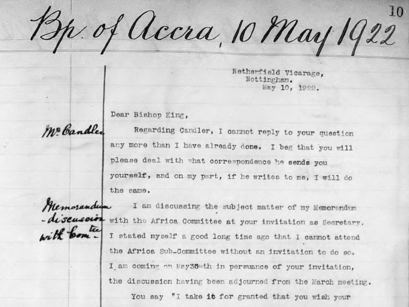 Section of a typed letter, addressed in handwriting to the Bishop of Accra, dated 10 May 1922.