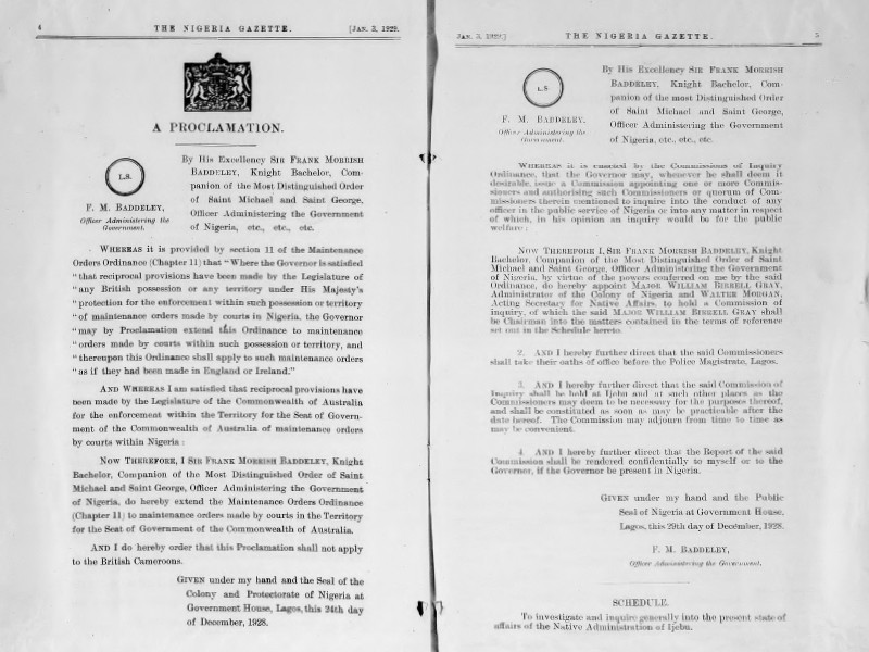 Two-page spread from The Nigeria Gazette, dated January 3 1929, featuring A Proclamation by F. M. Baddeley.
