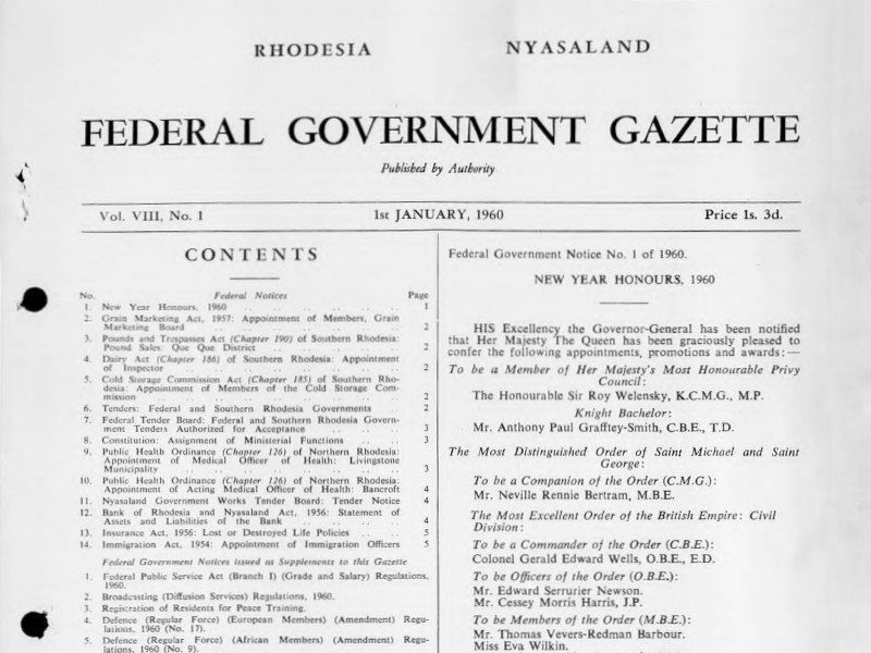 Top of a page from the Federal Government Gazette, 1 January 1960, with contents on the left and a government notice on the right.