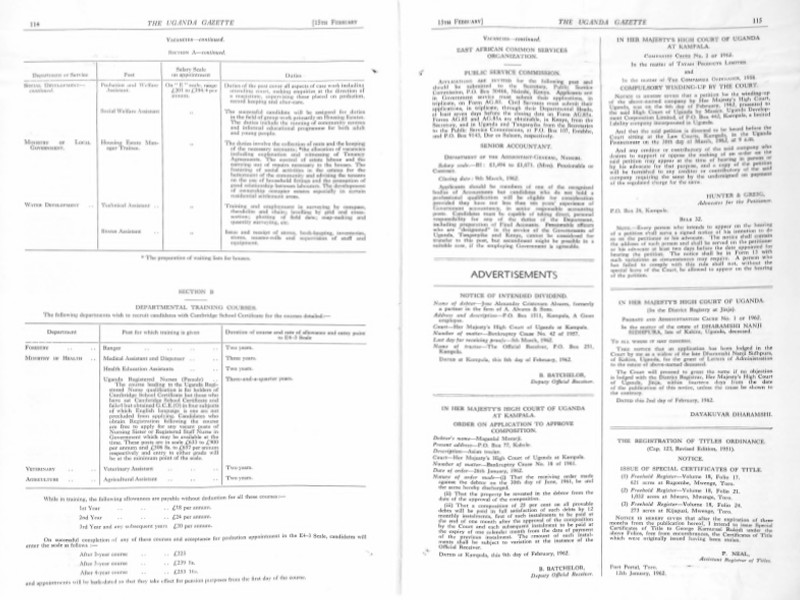 Two-page spread from The Uganda Gazette, 15 February 1962. Left page features a list of vacancies and a list of departmental training courses. Right page features vacancies and advertisements.