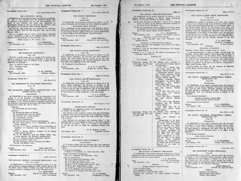 Two-page spread from The Official Gazette, 6 January 1953, featuring various government notices.