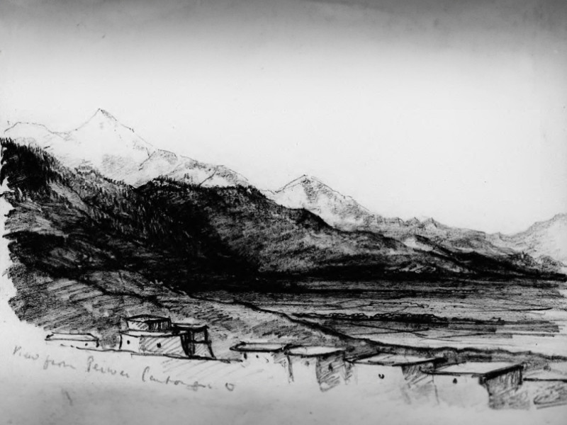 Pencil illustration of a mountain landscape.