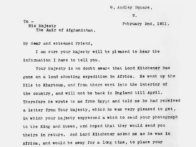 Section of a typed letter addressed to His Majesty, The Amir of Afghanistan, dated 2 February 1911.