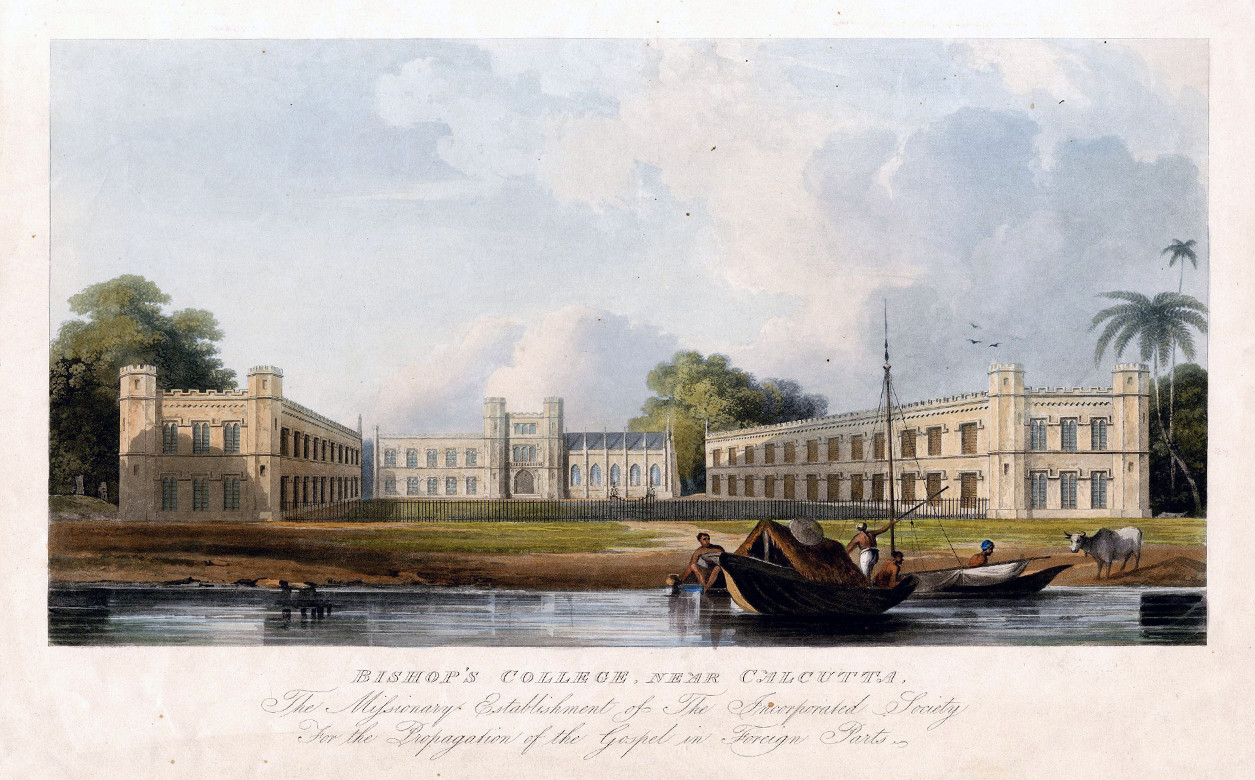 Bishop's College, near Calcutta in 1822. View of the large gothic style building behind a fence, seen from a river, with local people in two boats in the right foreground, a cow on the bank.
